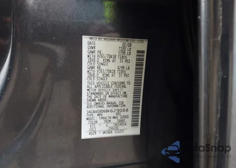 2008 Nissan Armada Se from USA, damaged, VIN 5N1BA08D68N629088
